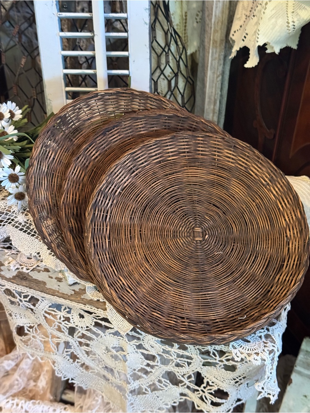 Set of 3 Vintage Woven Wicker Wall Baskets | Round Rustic Boho Farmhouse Decor